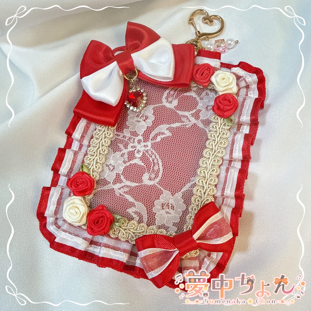 夢中ちょん手作りリボントレカケース 【赤×白ボーダー】