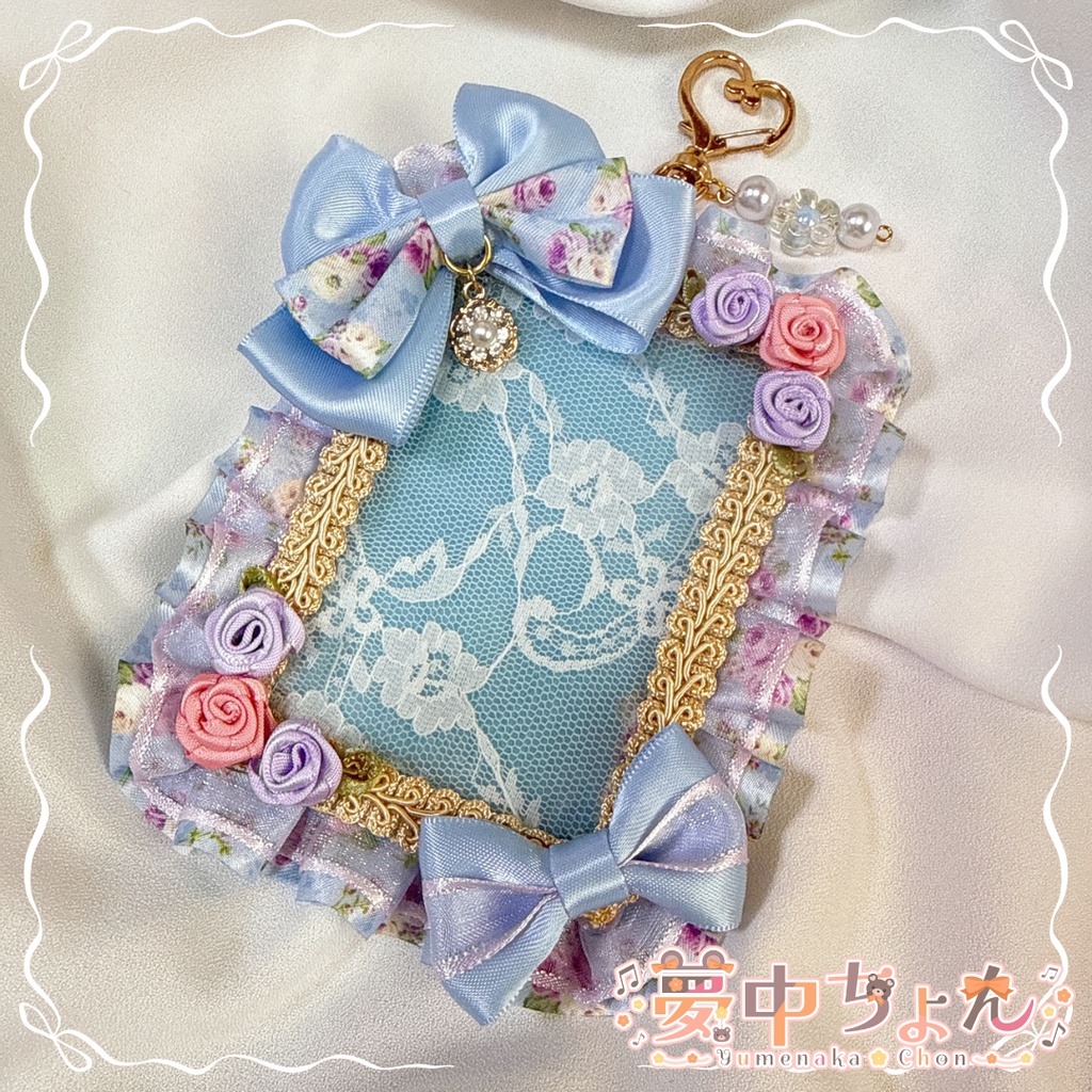 夢中ちょん手作りリボントレカケース 【水色×花柄】