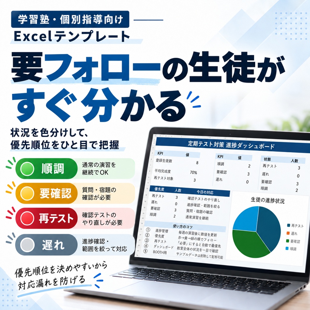 【学習塾向け】定期テスト対策・生徒進捗管理Excel|宿題・確認テスト・再テストを一括管理