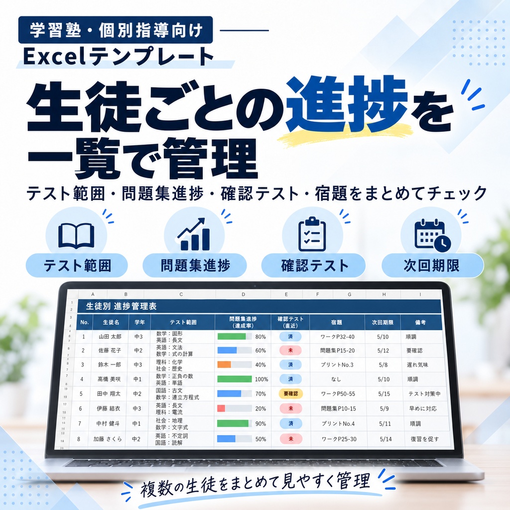 【学習塾向け】定期テスト対策・生徒進捗管理Excel|宿題・確認テスト・再テストを一括管理