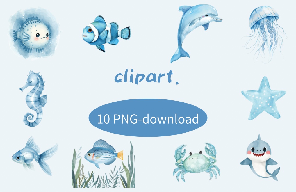 🎨 水彩画風 水色のお魚クリップアート 10種類セット（PNG形式・背景透過）