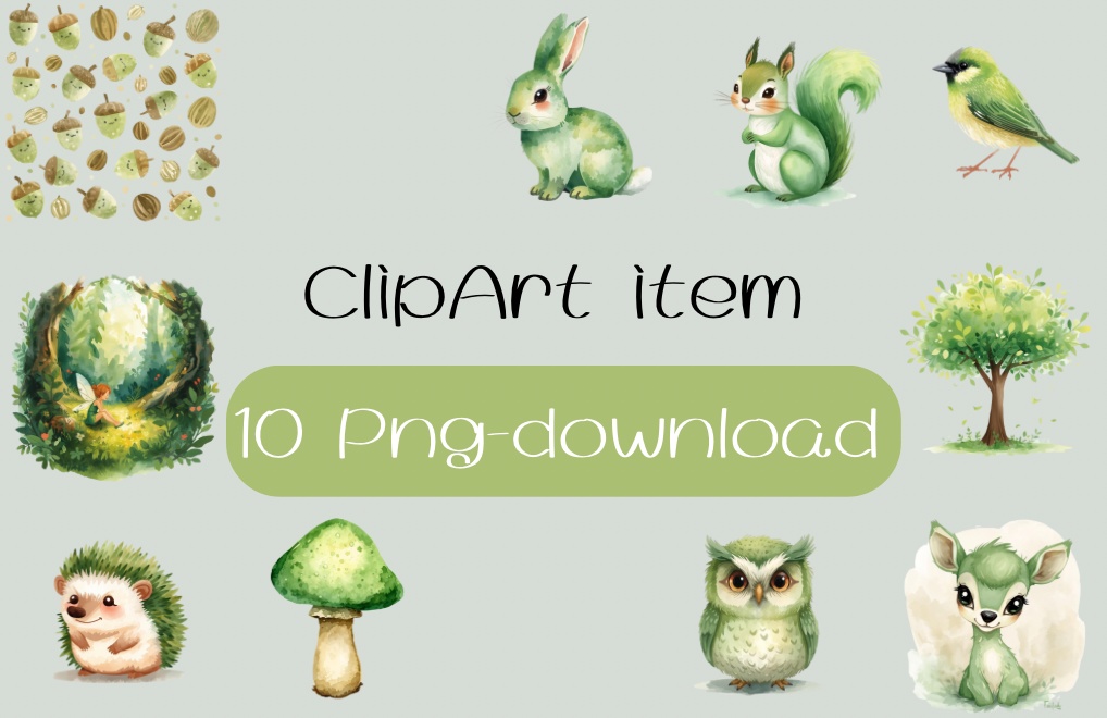 水彩画風 緑色の森のクリップアート 10種類セット（PNG形式・背景透過）