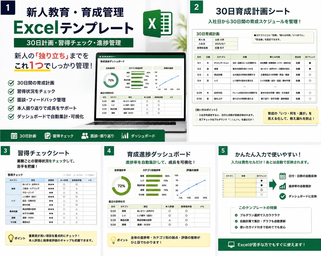 新人教育・育成管理Excelテンプレート｜30日計画・習得チェック・進捗管理
