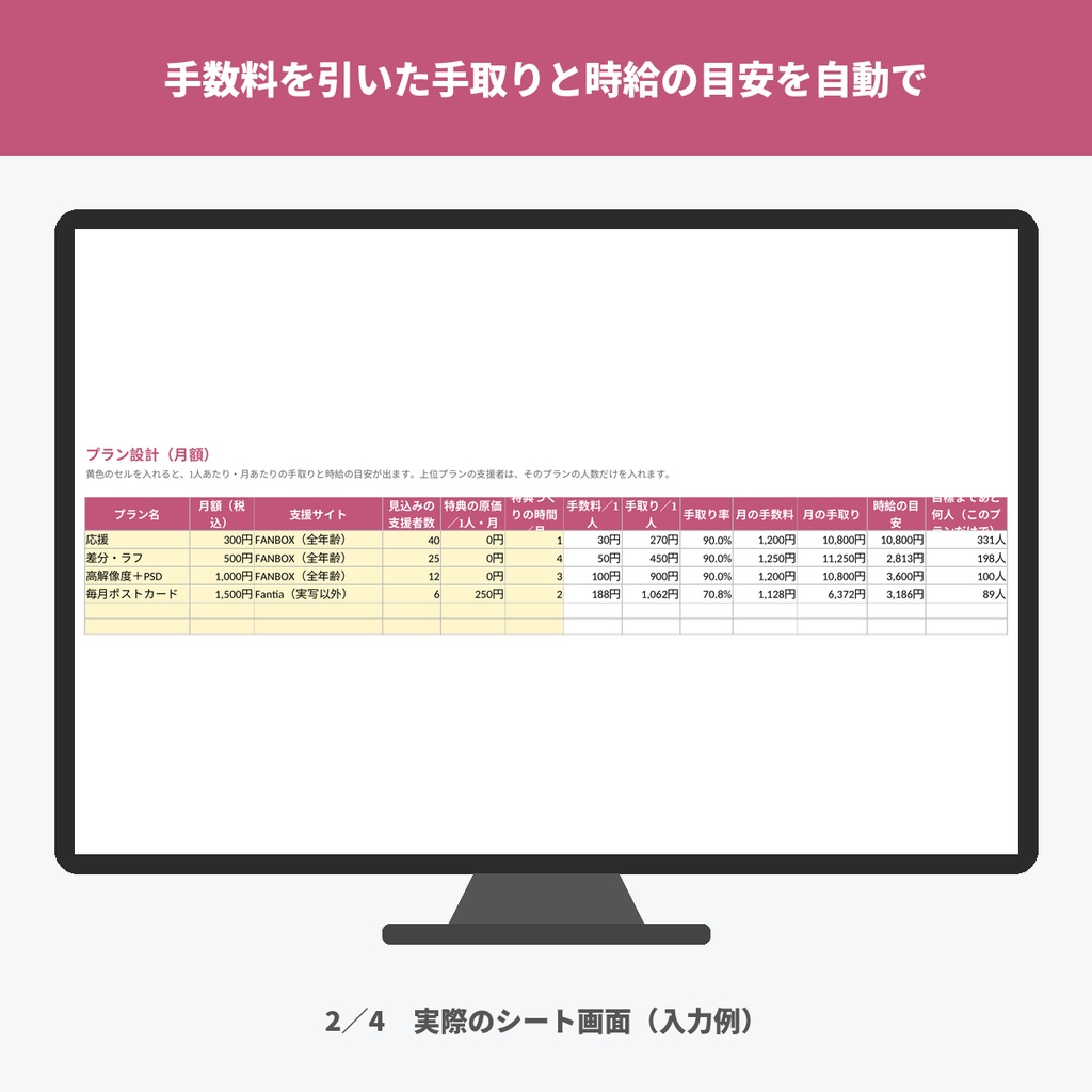 FANBOX・Fantia・Ci-enのプラン設計テンプレート|支援サイトの月額・手数料・手取り(Excel・スプレッドシート)