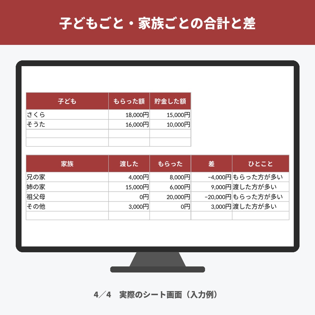 お年玉の記録帳(渡す・もらうを家族ごとに記録/年齢別の目安・新札の枚数・子どもの貯金/Excel)