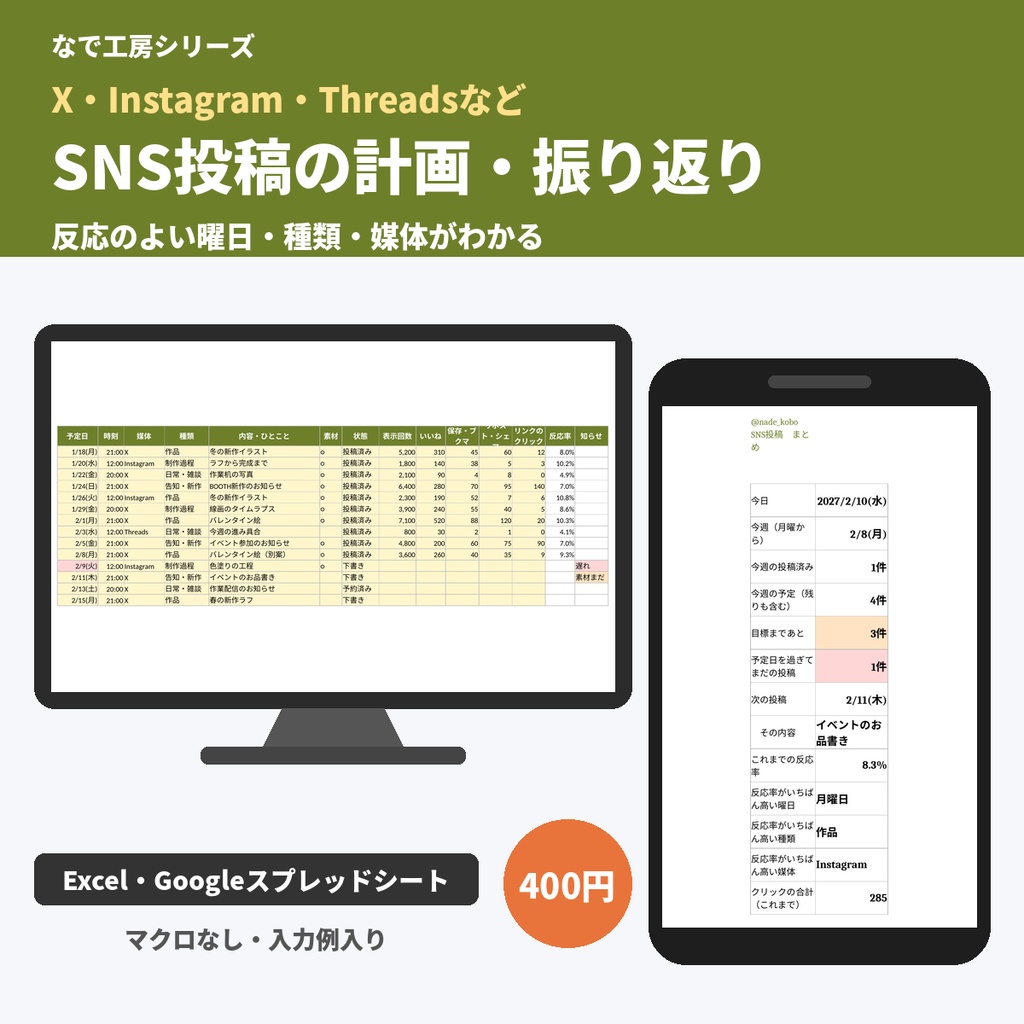 SNS投稿管理表・運用の振り返りテンプレート｜投稿計画・反応率・よく伸びる曜日と種類（インスタ・X／Excel）