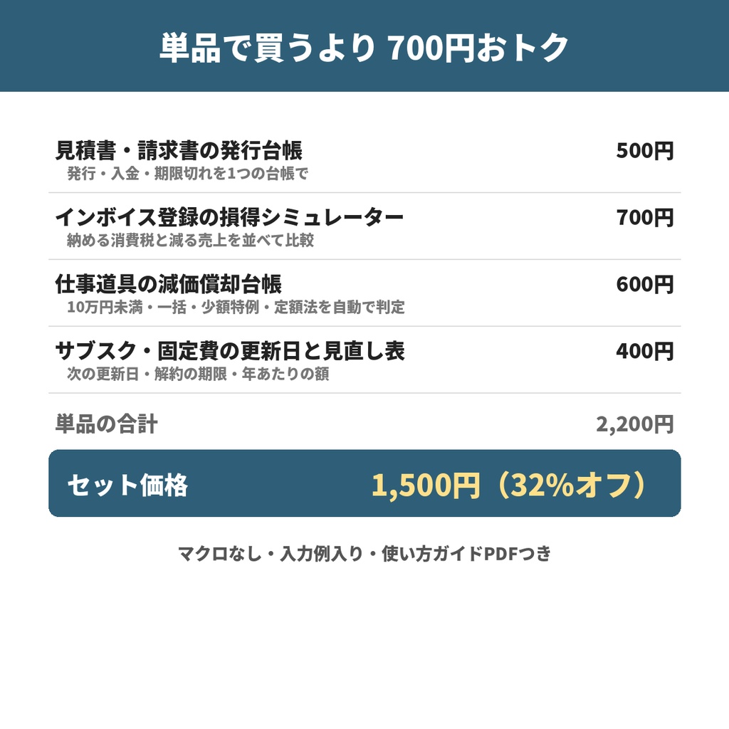 フリーランス開業・事務セット(見積書・請求書の台帳・インボイス損得・減価償却台帳・サブスク見直し表/Excel)
