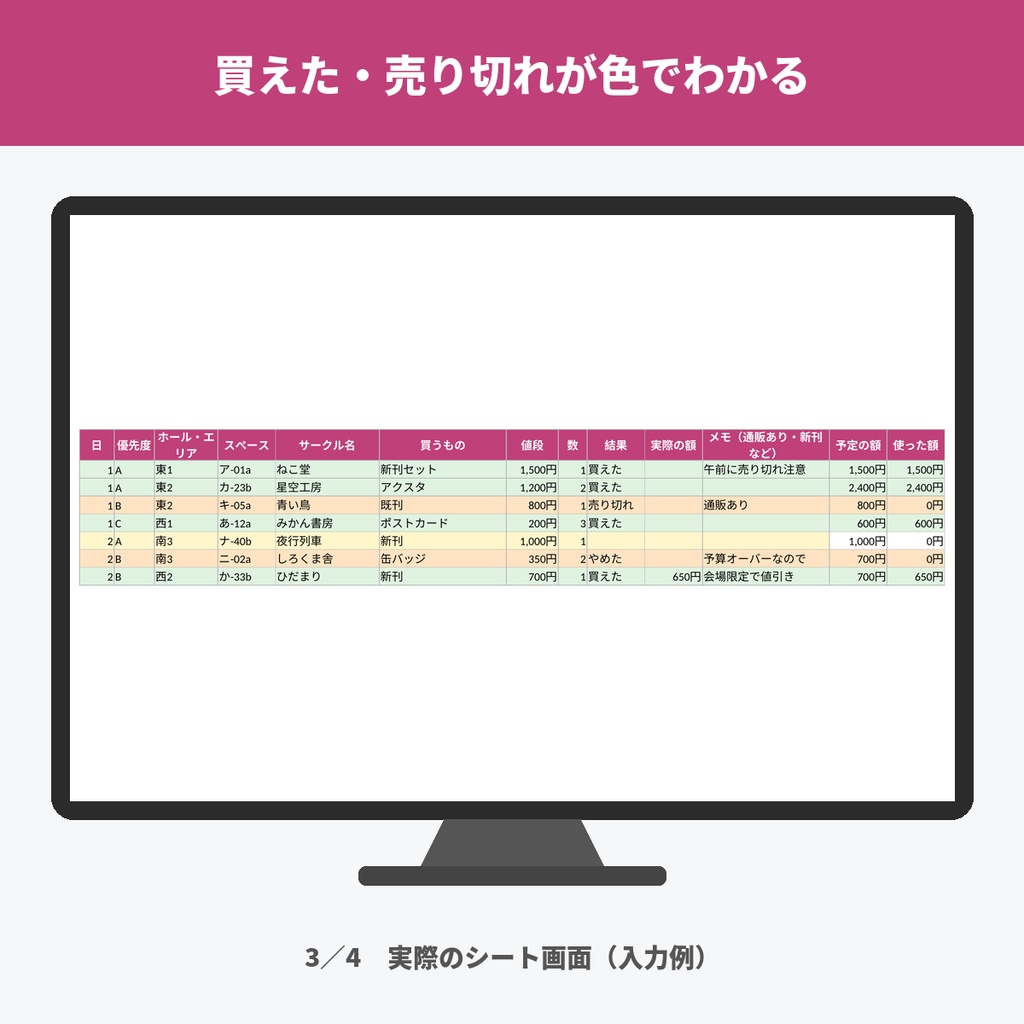 即売会・コミケの買い物リスト(優先度ABCで予算内か判定・サークル配置・買えた/売り切れ/Excel・印刷用)