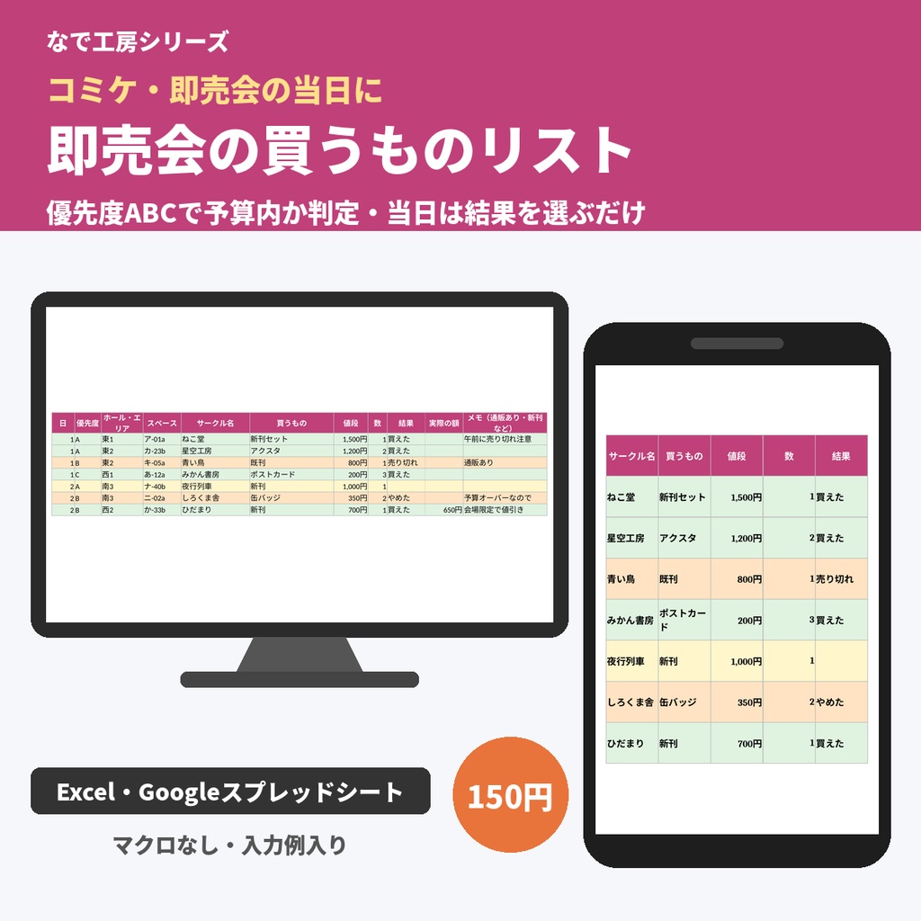 即売会・コミケの買い物リスト(優先度ABCで予算内か判定・サークル配置・買えた/売り切れ/Excel・印刷用)