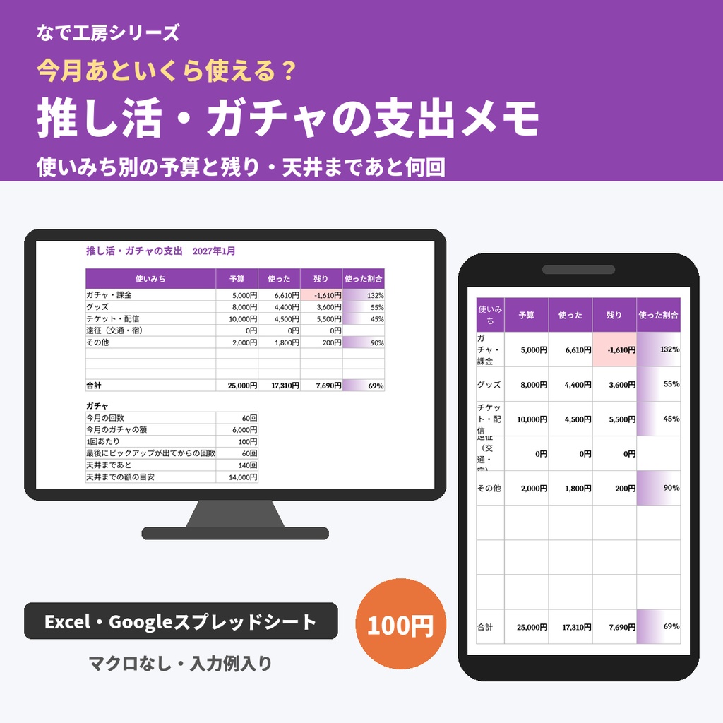 推し活・ガチャの支出メモ（使いみち別の月予算と残り・ガチャ1回あたりと天井まであと何回／Excel）