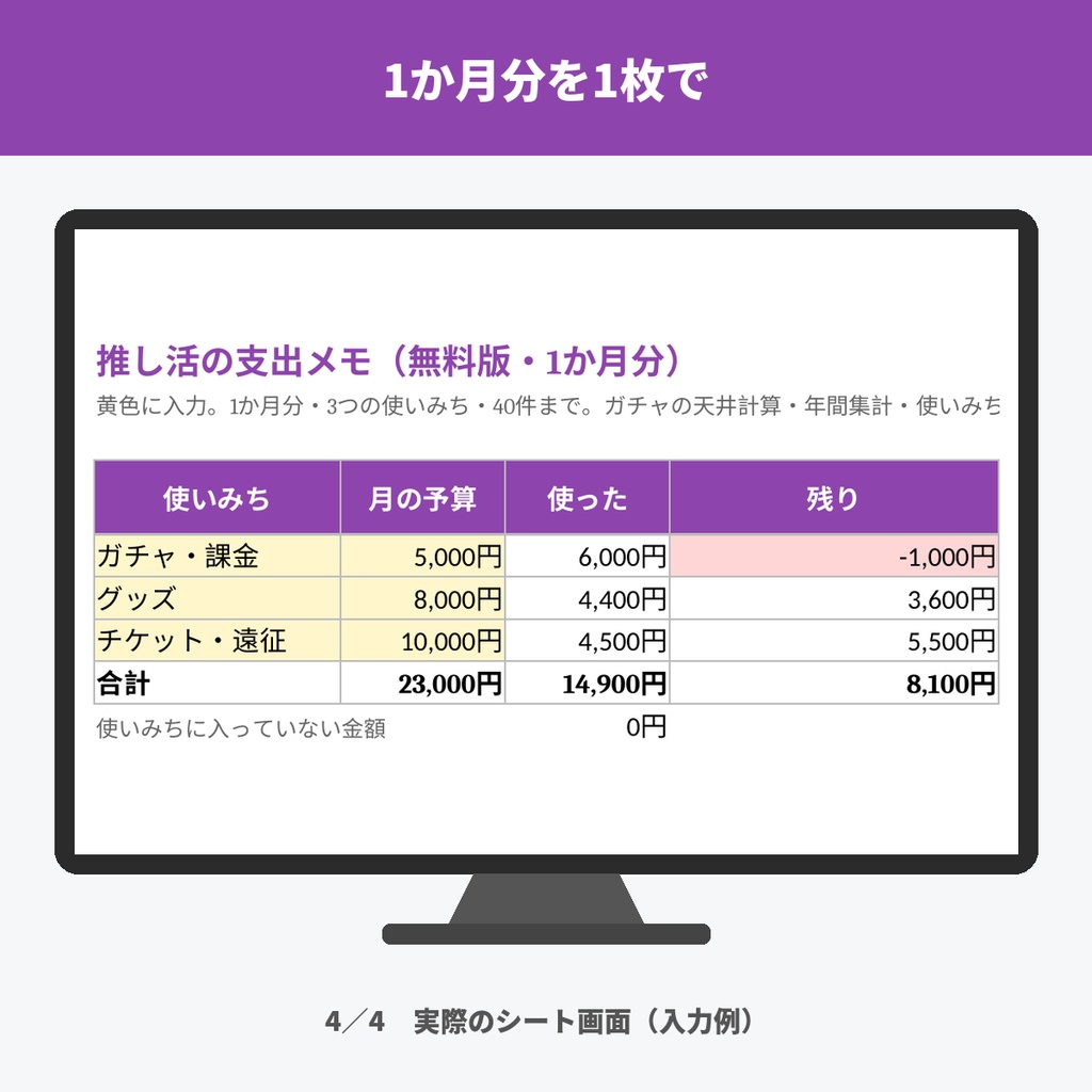 【無料】推し活の支出メモ|ガチャ・グッズ・チケットの月予算と残りが1枚でわかる(Excel・スプレッドシート)