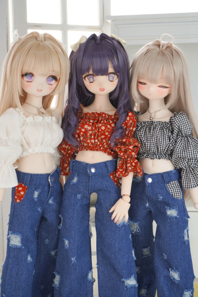 スクエアネックブラウス×ダメージデニムセット