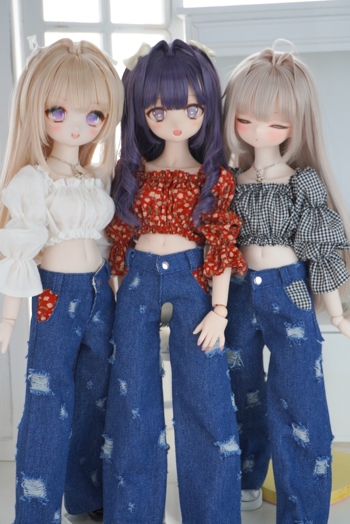 スクエアネックブラウス×ダメージデニムセット