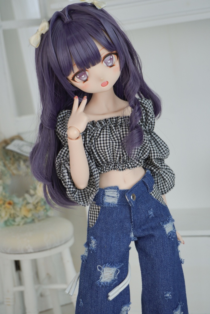 スクエアネックブラウス×ダメージデニムセット
