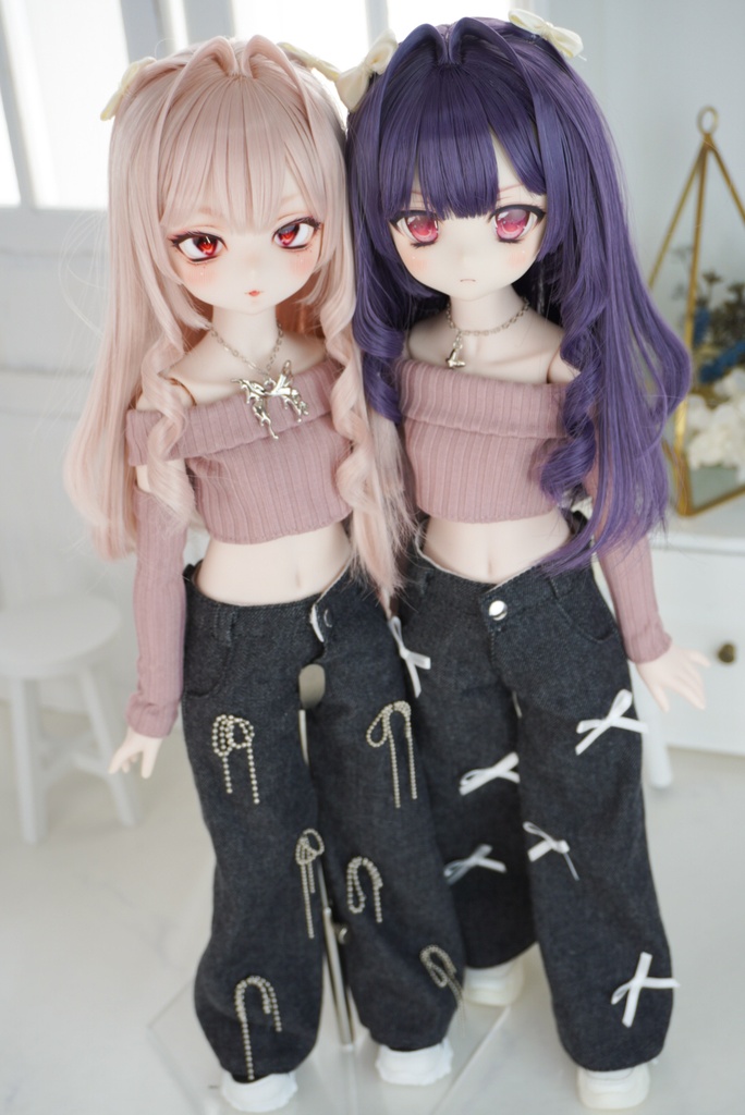 オフショルニット×リボンデニムセット