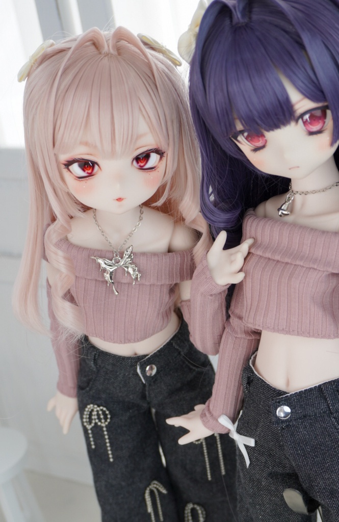 オフショルニット×リボンデニムセット