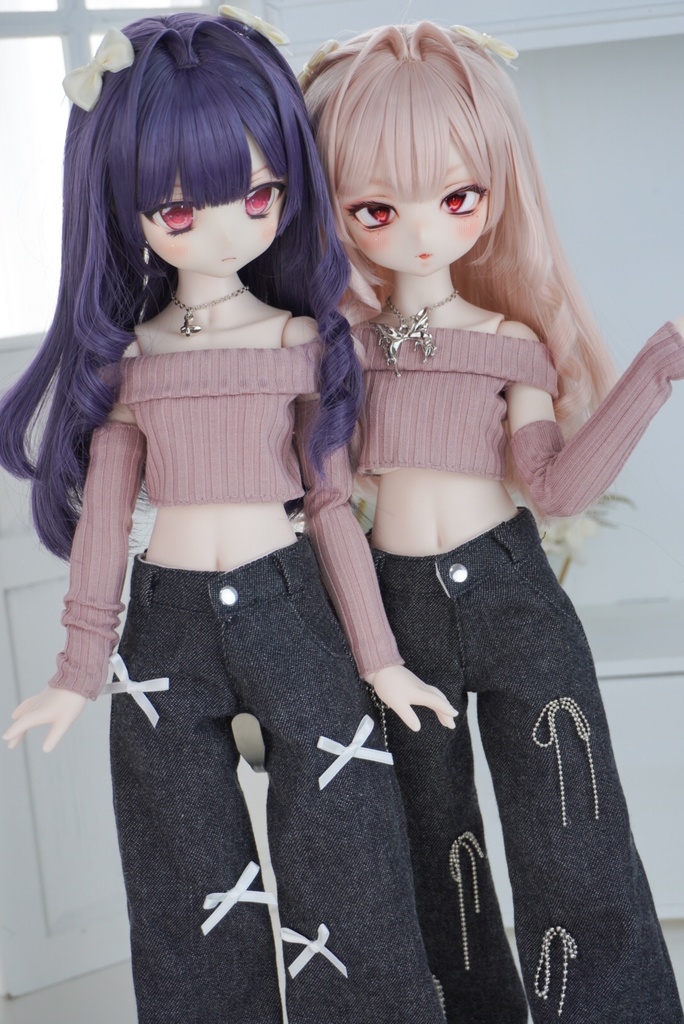 オフショルニット×リボンデニムセット