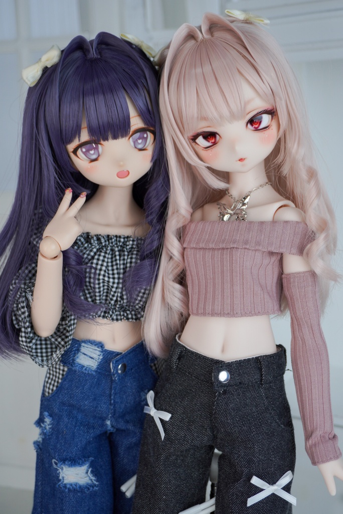 オフショルニット×リボンデニムセット