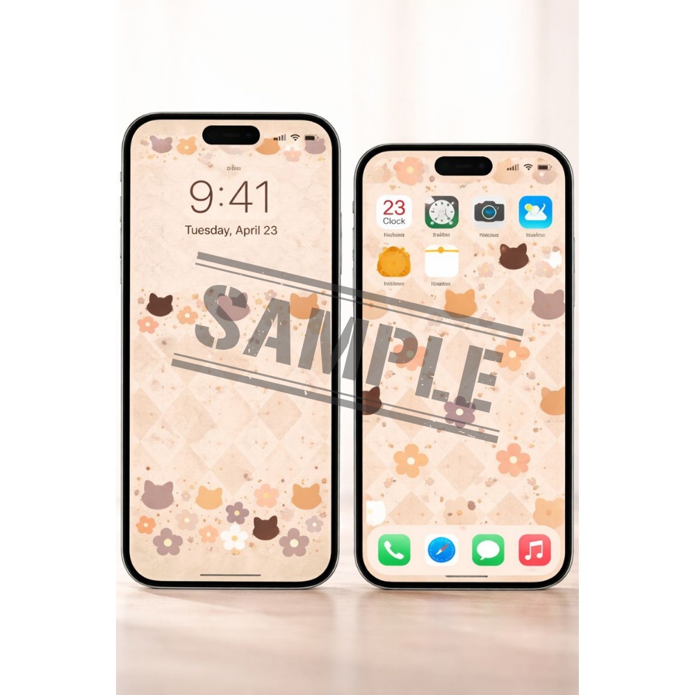 スマホ壁紙 猫と花のアルガイル模様｜ロック画面＆ホーム画面用【ベージュ/ブルー/グリーン】