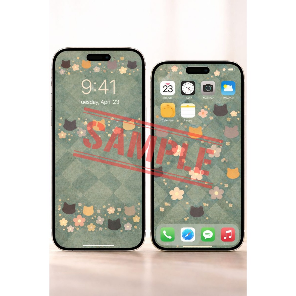 スマホ壁紙 猫と花のアルガイル模様|ロック画面&ホーム画面用【ベージュ/ブルー/グリーン】