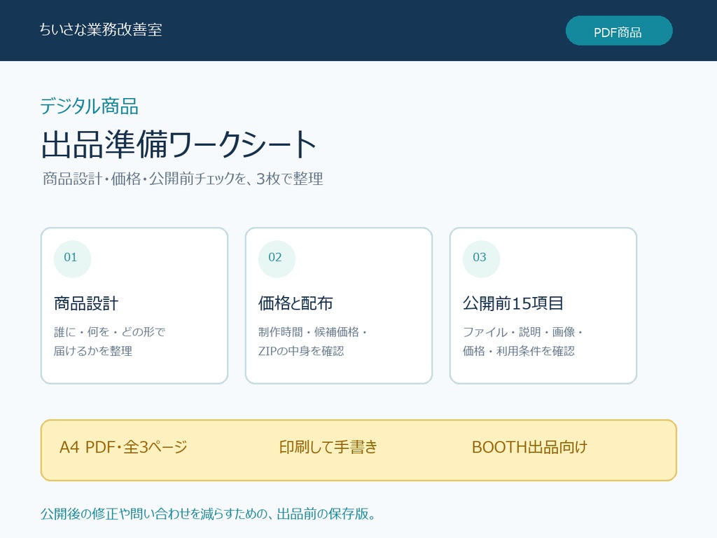【PDF】デジタル商品 出品準備ワークシート｜商品設計・価格・公開前15項目