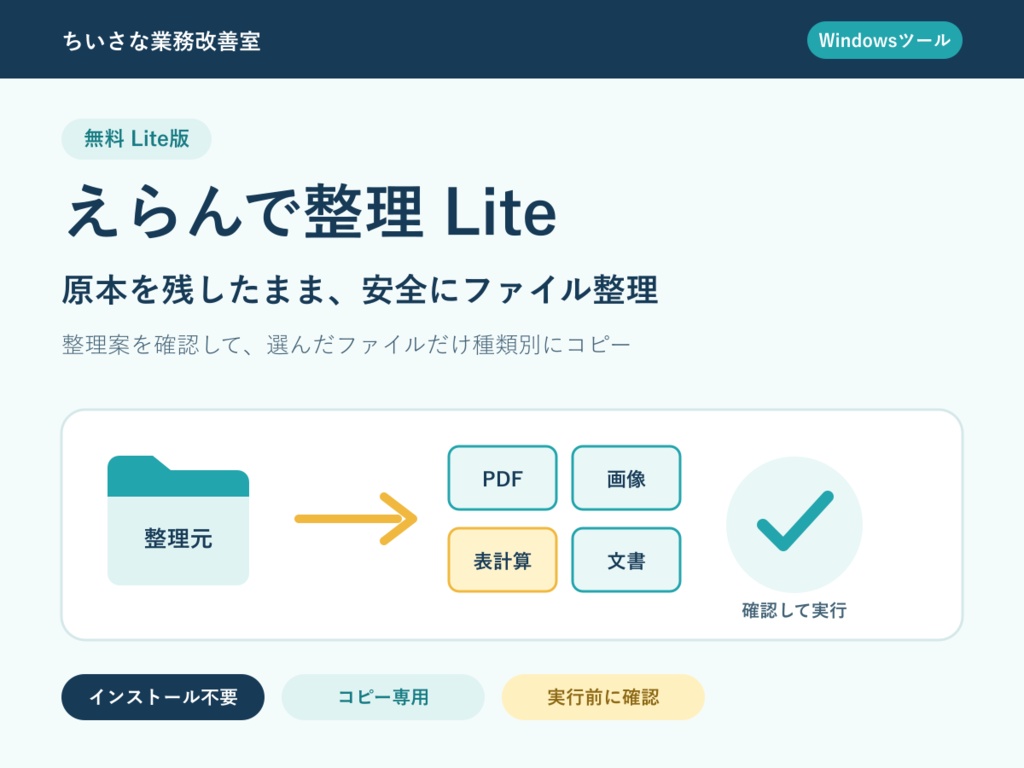 【無料】えらんで整理 Lite｜原本を残して種類別にコピーするファイル整理ツール【Windows】