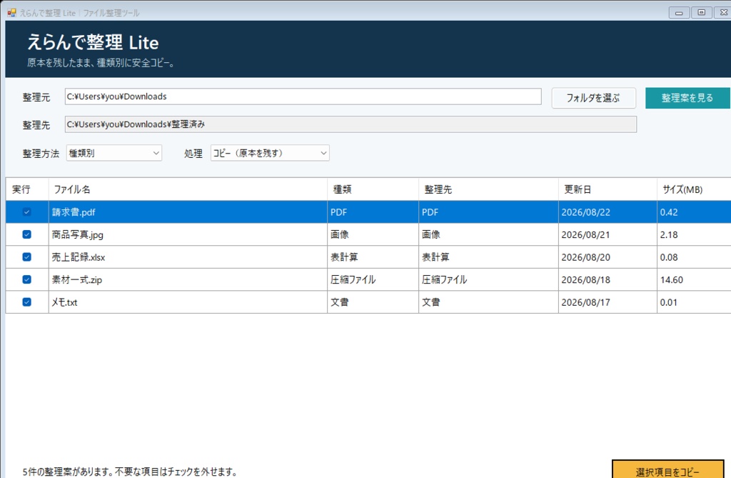 【無料】えらんで整理 Lite|原本を残して種類別にコピーするファイル整理ツール【Windows】
