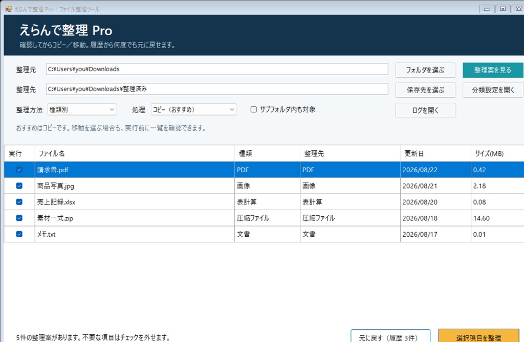 えらんで整理 Pro|確認してからコピー・移動できるファイル整理ツール【Windows】