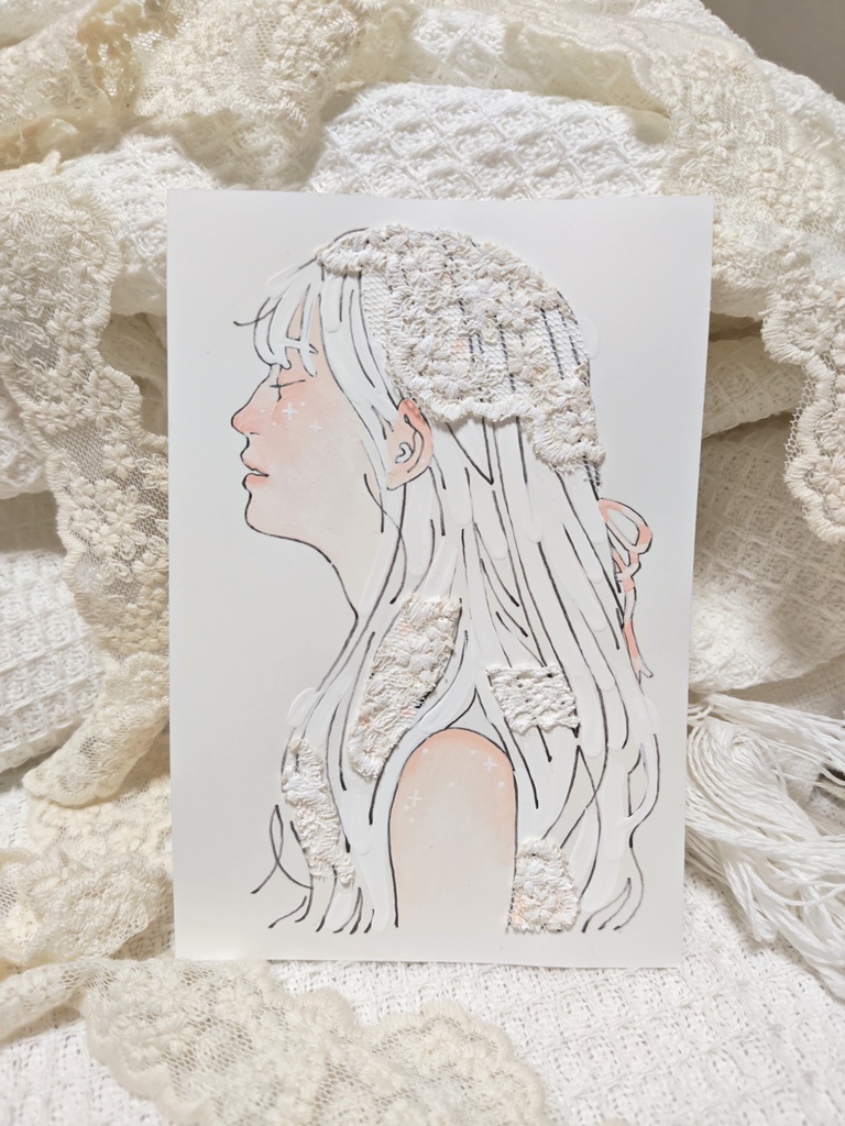 【ハガキサイズドローイング】ピンクのリボン