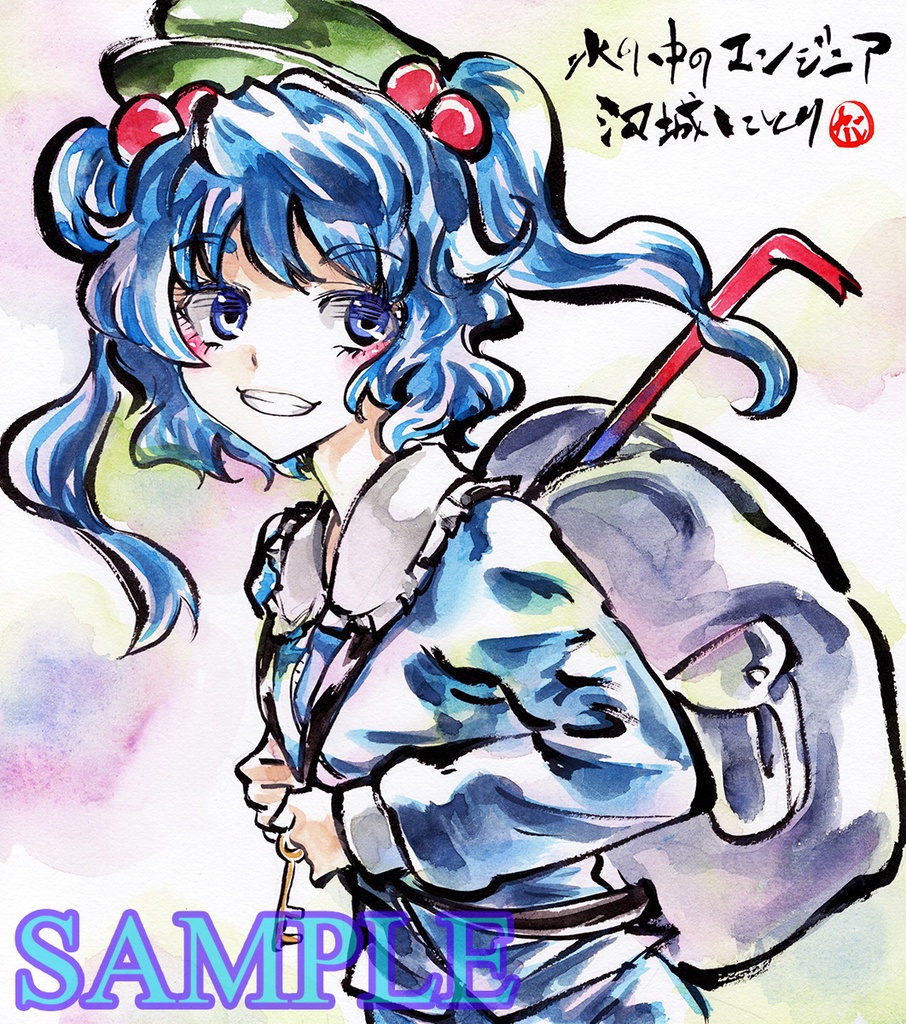 東方project 河城にとり 墨彩画 原画 色紙サイズ 額縁付き かばぢから画廊 Booth
