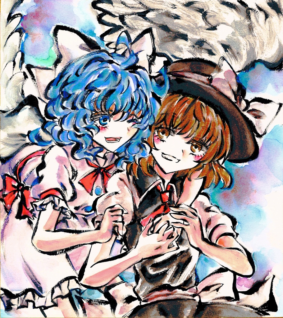 東方project ユキ マイ 墨彩画 原画 色紙サイズ 額縁付き 元線画 カバヂ 制作 北コ かばぢから画廊 Booth