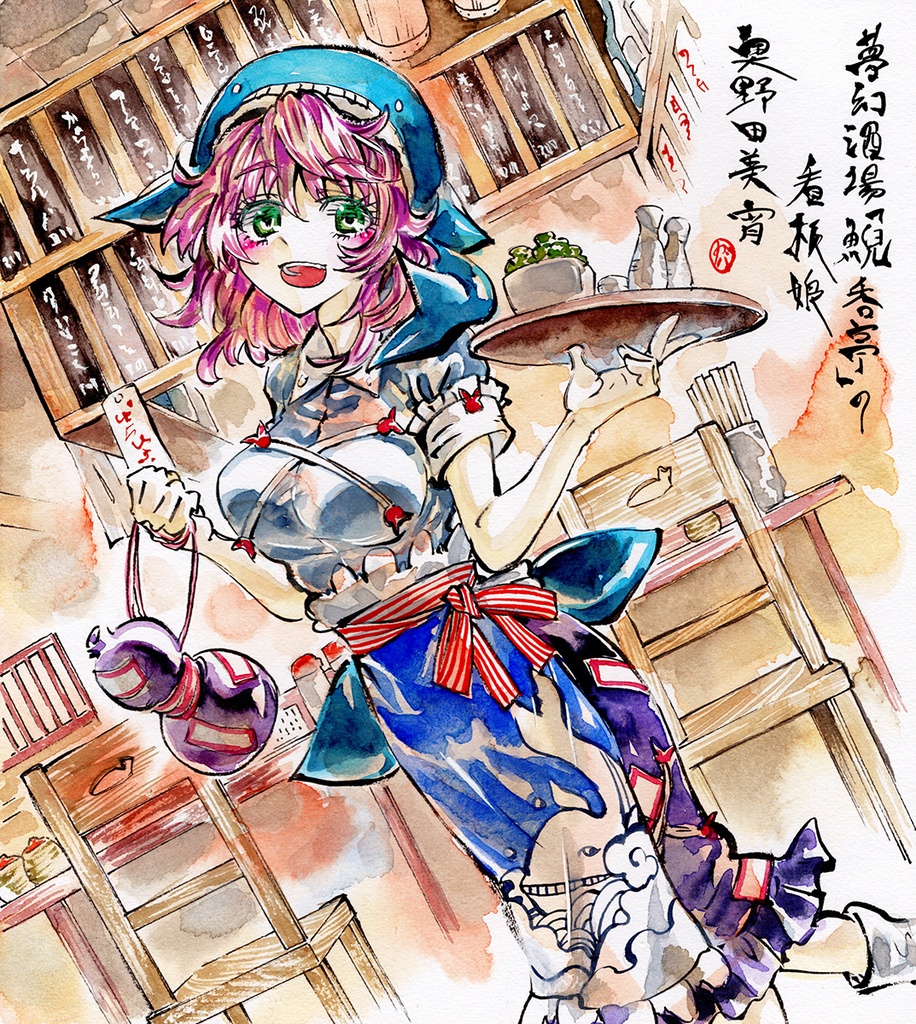 6月10日新作 東方project 奥野田美宵 墨彩画 原画 色紙サイズ 額縁付き かばぢから画廊 Booth