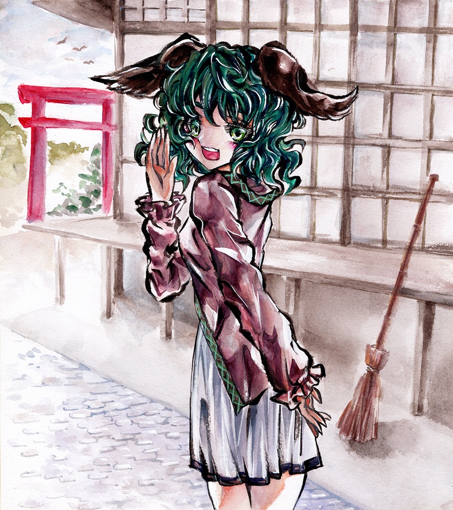 東方Project　幽谷響子　墨彩画　原画（色紙サイズ）　額縁付き【制作:北コ　元線画・加筆:カバヂ】