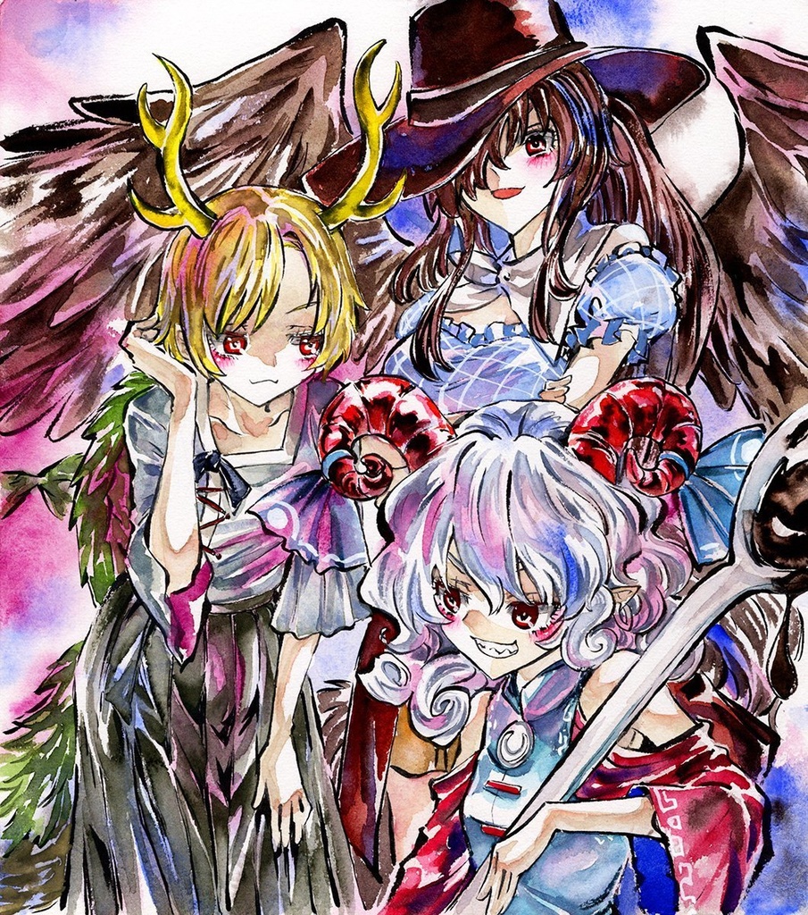【4/20新作】東方Project　三組長　墨彩画 原画 （色紙サイズ） 額縁付き