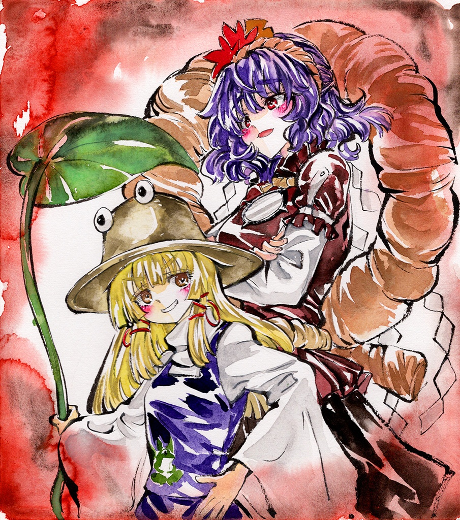 【6/1新作】東方Project 八坂神奈子&洩矢諏訪子 墨彩画 原画 (色紙サイズ) 額縁付き
