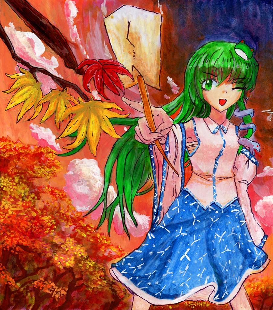 【6/18新作】東方Project 東風谷早苗 アクリル画 原画 (色紙サイズ) 額縁付き