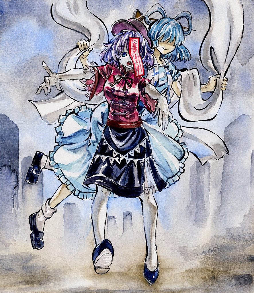 【6/23新作】東方Project 宮古芳香&霍青娥 墨彩画 原画 (色紙サイズ) 額縁付き