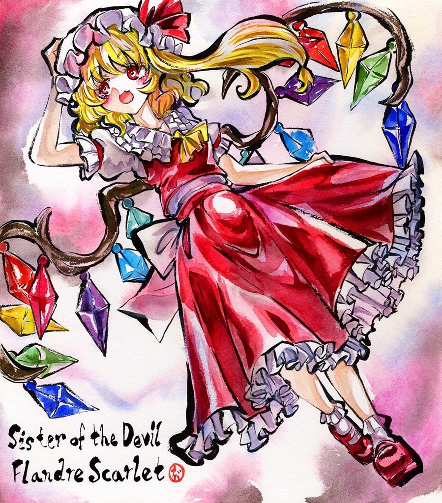 【7/4新作】東方Project フランドール・スカーレット 墨彩画 原画 (色紙サイズ) 額縁付き