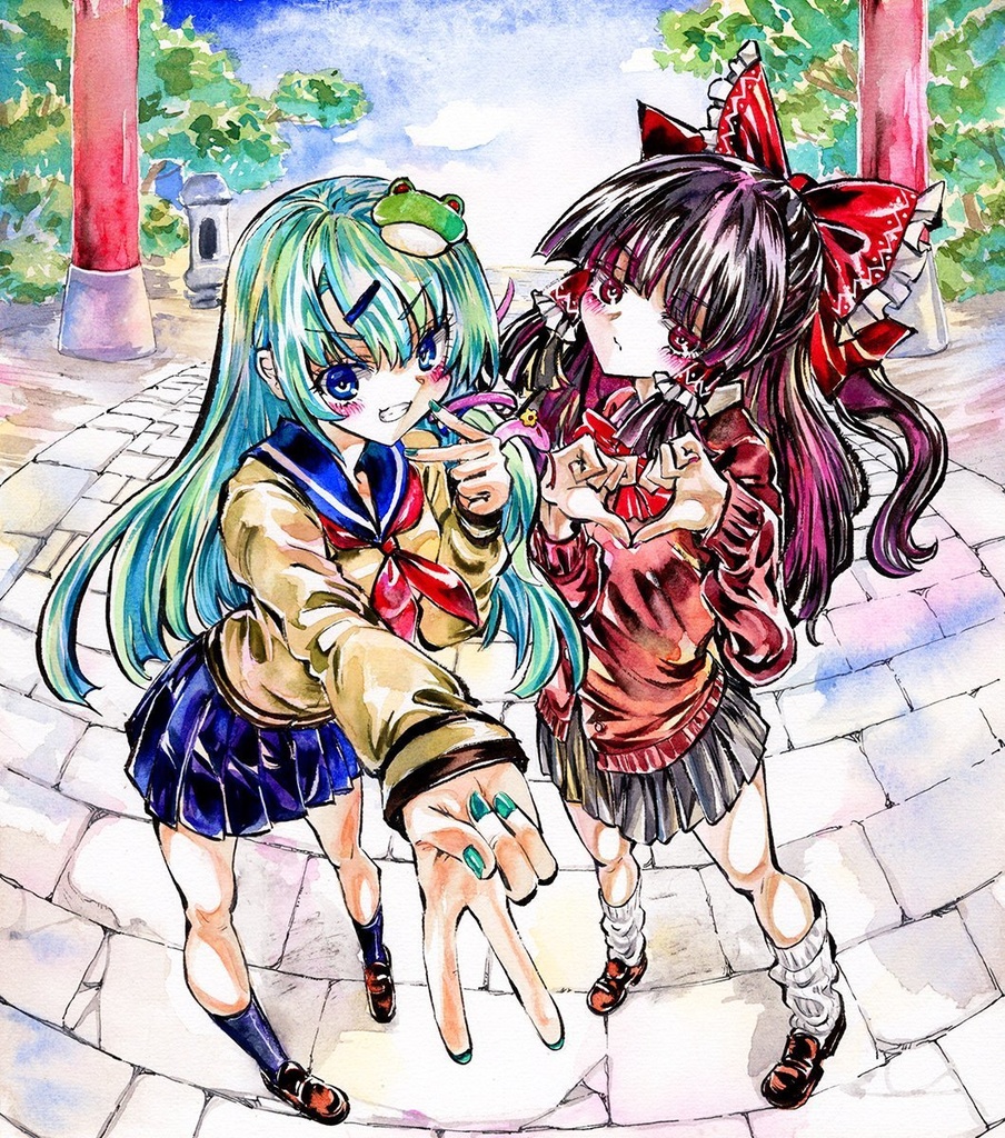 【7/11新作】東方Project 早苗&霊夢 墨彩画 原画 (色紙サイズ) 額縁付き