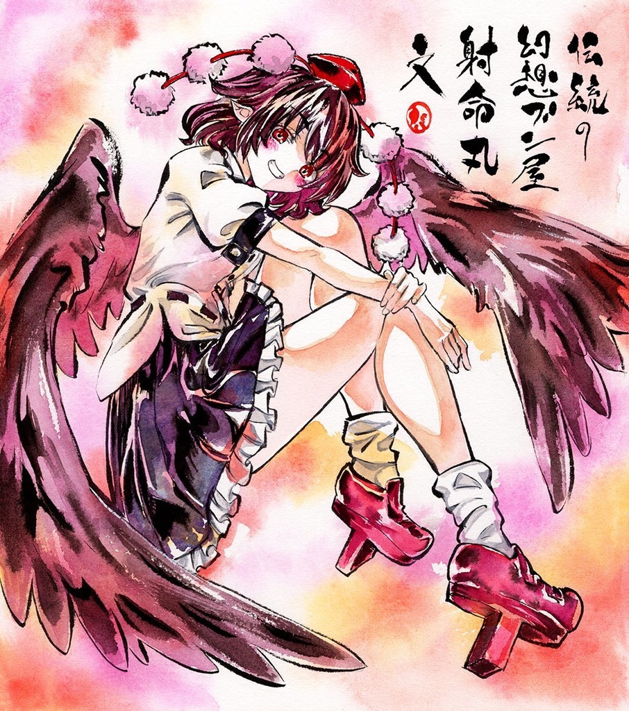 【8/11新作】東方Project　射命丸文　墨彩画 原画 （色紙サイズ） 額縁付き