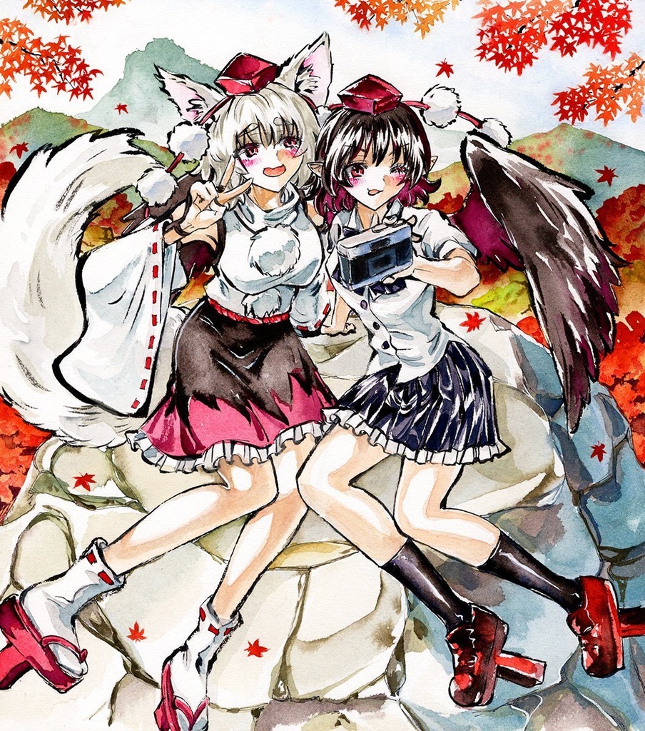 【8/29新作】東方Project　射命丸文&犬走椛　墨彩画 原画 （色紙サイズ） 額縁付き