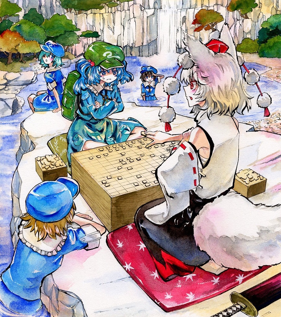 【9/2新作】東方Project 河城にとり&犬走椛 墨彩画 原画 (色紙サイズ) 額縁付き