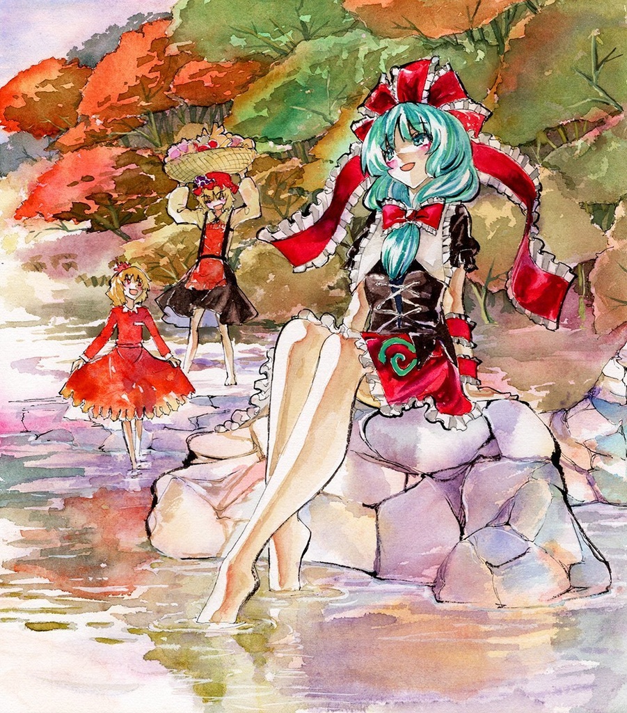 【9/8新作】東方Project 鍵山雛&秋姉妹 墨彩画 原画 (色紙サイズ) 額縁付き