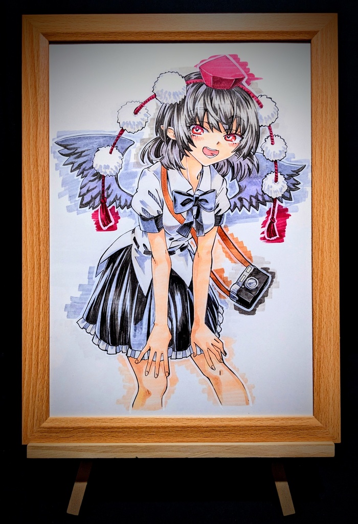 【10/20新作】東方Project 射命丸文 コピック画 原画 (色紙サイズ) 額縁付き