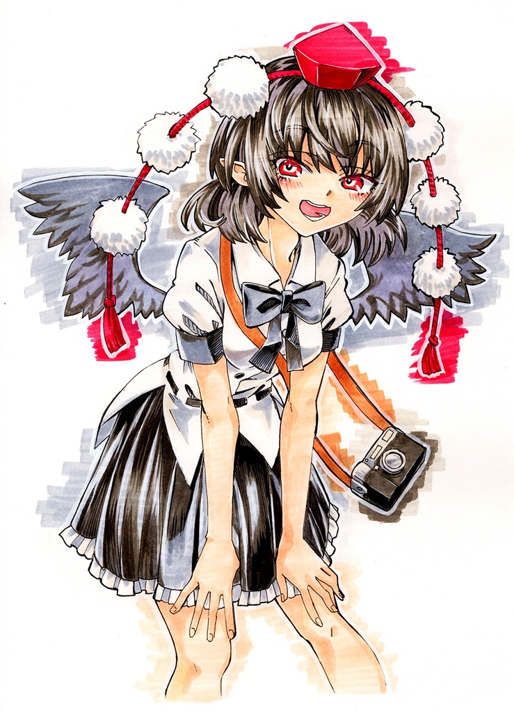 【10/20新作】東方Project 射命丸文 コピック画 原画 (色紙サイズ) 額縁付き