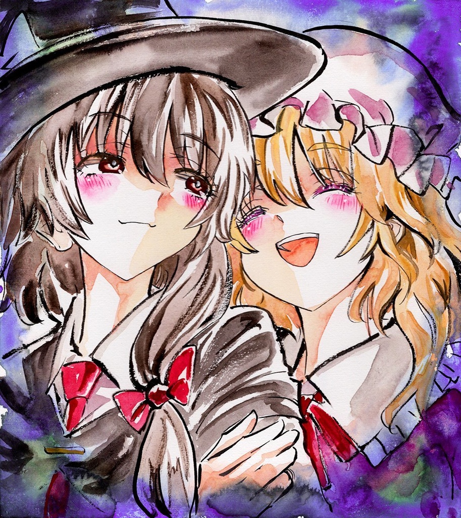 【11/26新作】東方Project 宇佐見蓮子&マエリベリー・ハーン 墨彩画 原画 (色紙サイズ) 額縁付き