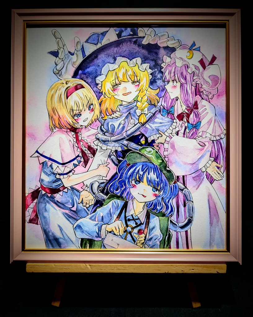 【11/26新作】東方Project 魔理沙&アリス&パチュリー&にとり 墨彩画 原画 (色紙サイズ) 額縁付き