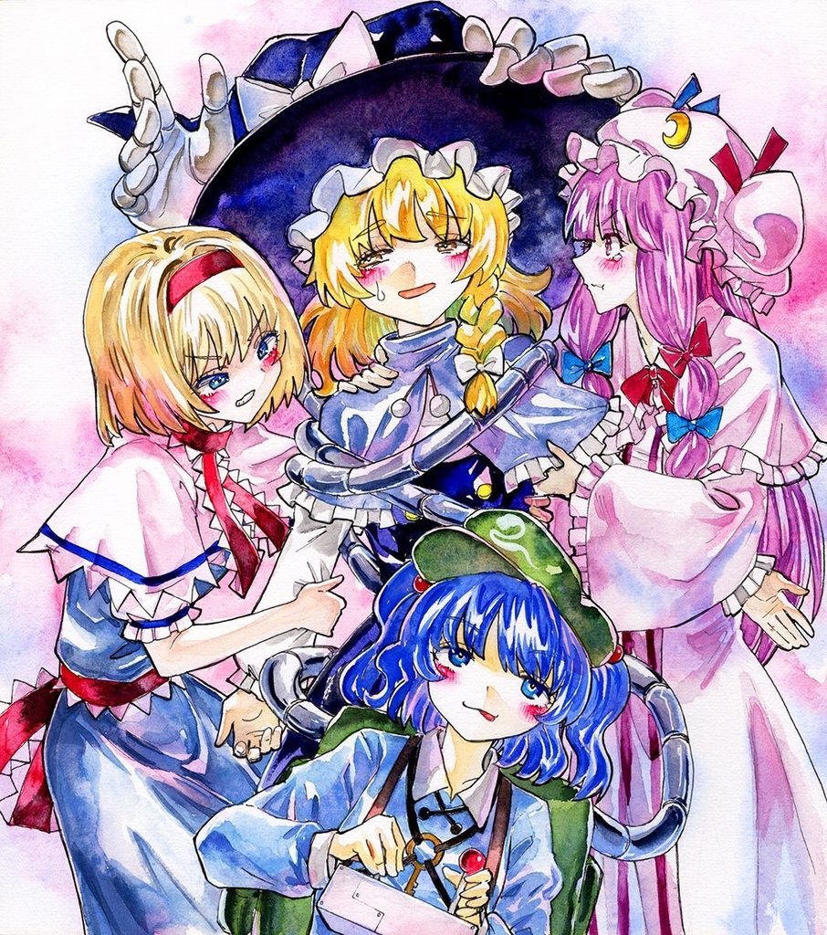 【11/26新作】東方Project 魔理沙&アリス&パチュリー&にとり 墨彩画 原画 (色紙サイズ) 額縁付き