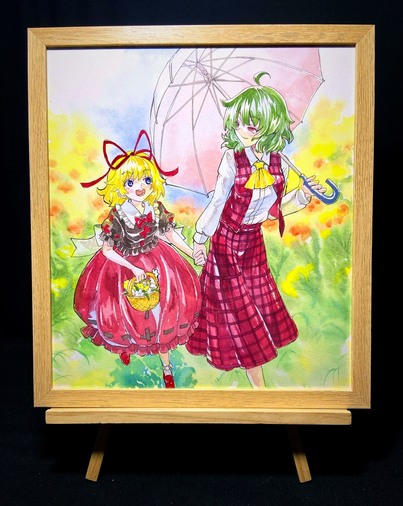 【2/2新作】東方Project 風見幽香&メディスン・メランコリー 墨彩画 原画 (色紙サイズ) 額縁付き