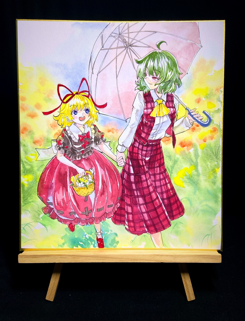 【2/2新作】東方Project 風見幽香&メディスン・メランコリー 墨彩画 原画 (色紙サイズ) 額縁付き